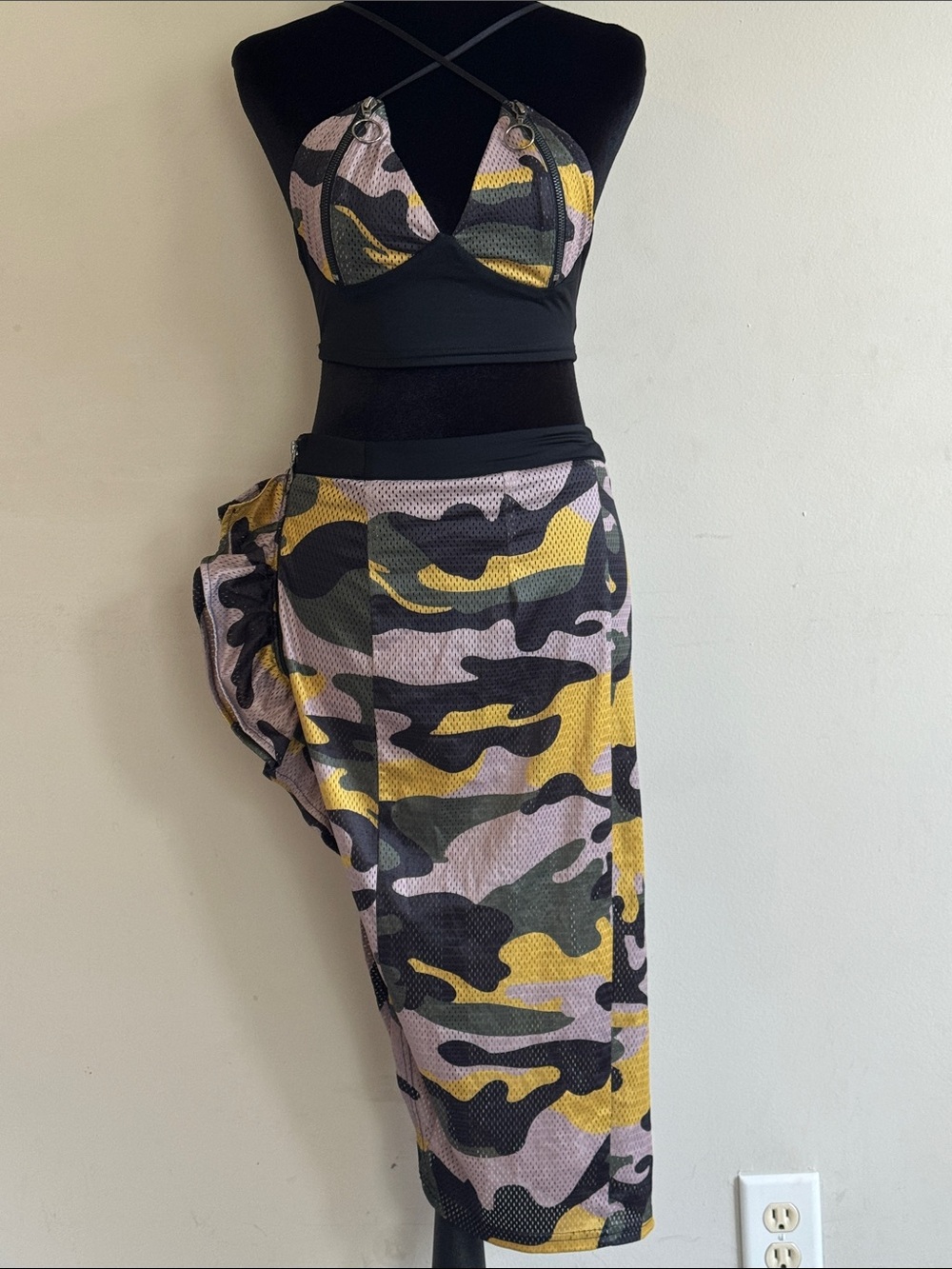 Camo Mesh Two-Piece Set in Yellow, Black & Olive
